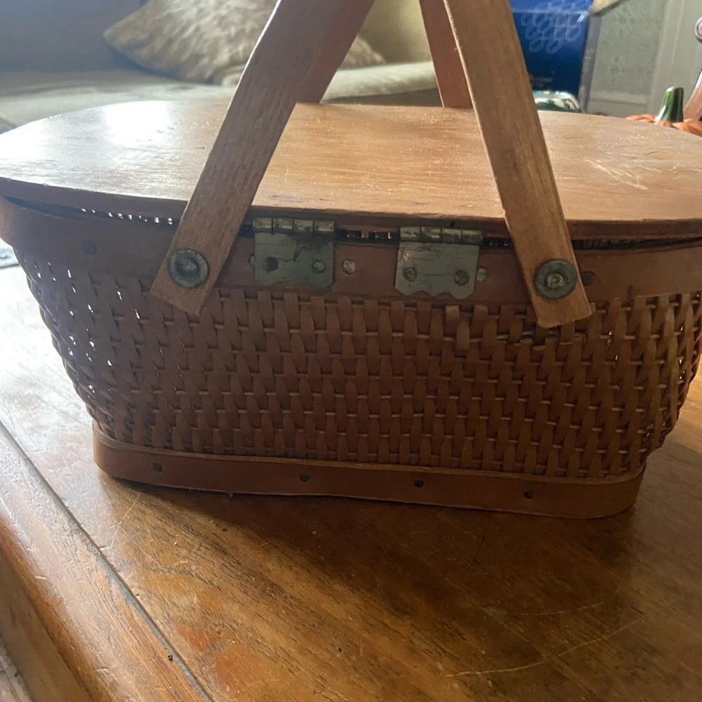 Vintage MCM Red Man Rattan Wicker Picnic Basket